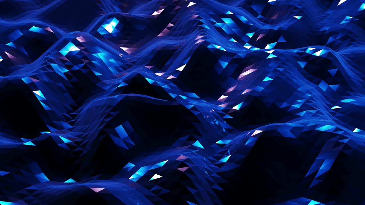 4k에서 세련된 어두운 추상적인 낮은 폴리 배경, 추상적인 파동은 반이는 금속 표면에서 루프로 움직입니다, 부드러운 부드러운 무 애니메이션, 간단한 미니멀리즘 기하학, 푸른 색.