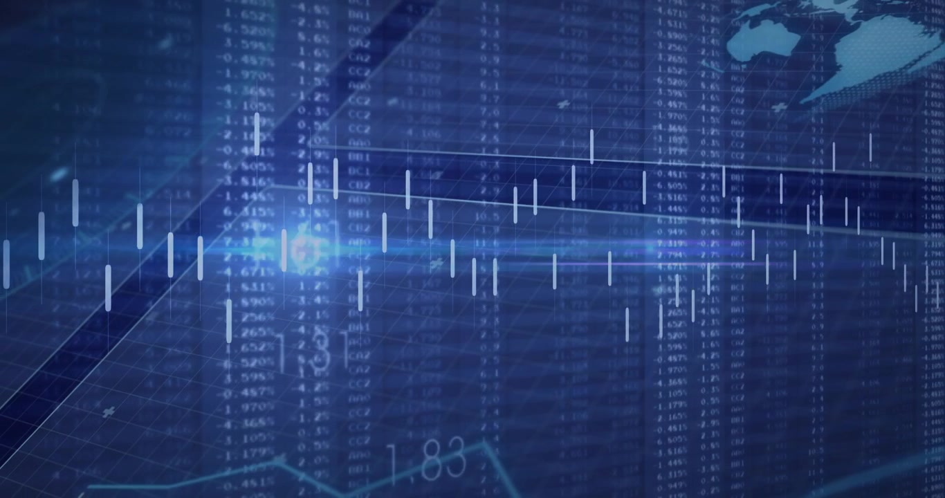 Data feed updating, candlestick chart shifting and line-graph rising, visualizing market trends