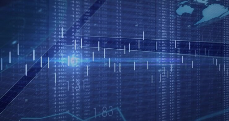 Data feed updating, candlestick chart shifting and line-graph rising, visualizing market trends