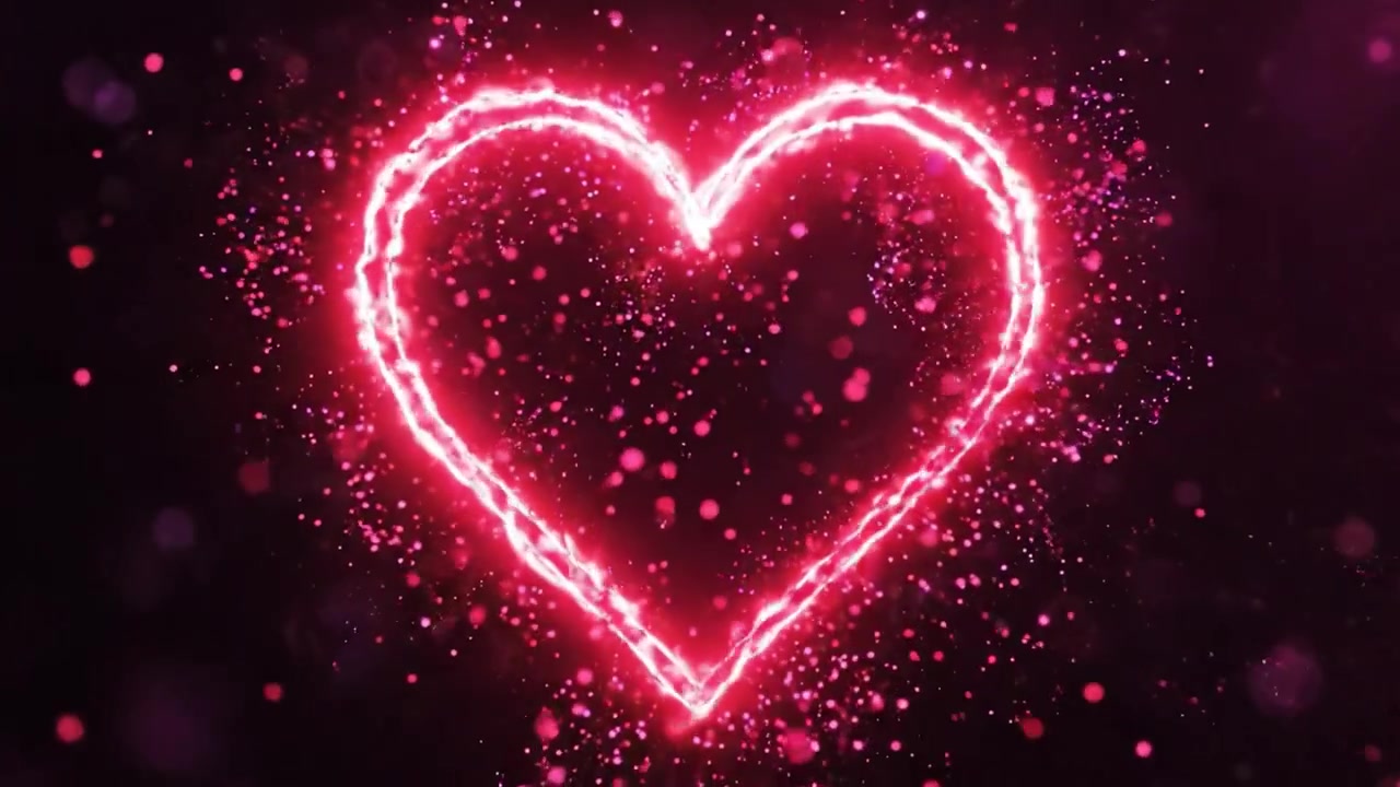 Una splendida visualizzazione di una forma di cuore al neon creata con effetti di luce vibranti su uno sfondo scuro, perfetta per temi romantici e artistici.