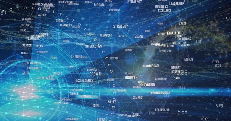 Animation of data processing and network of connections over cityscape