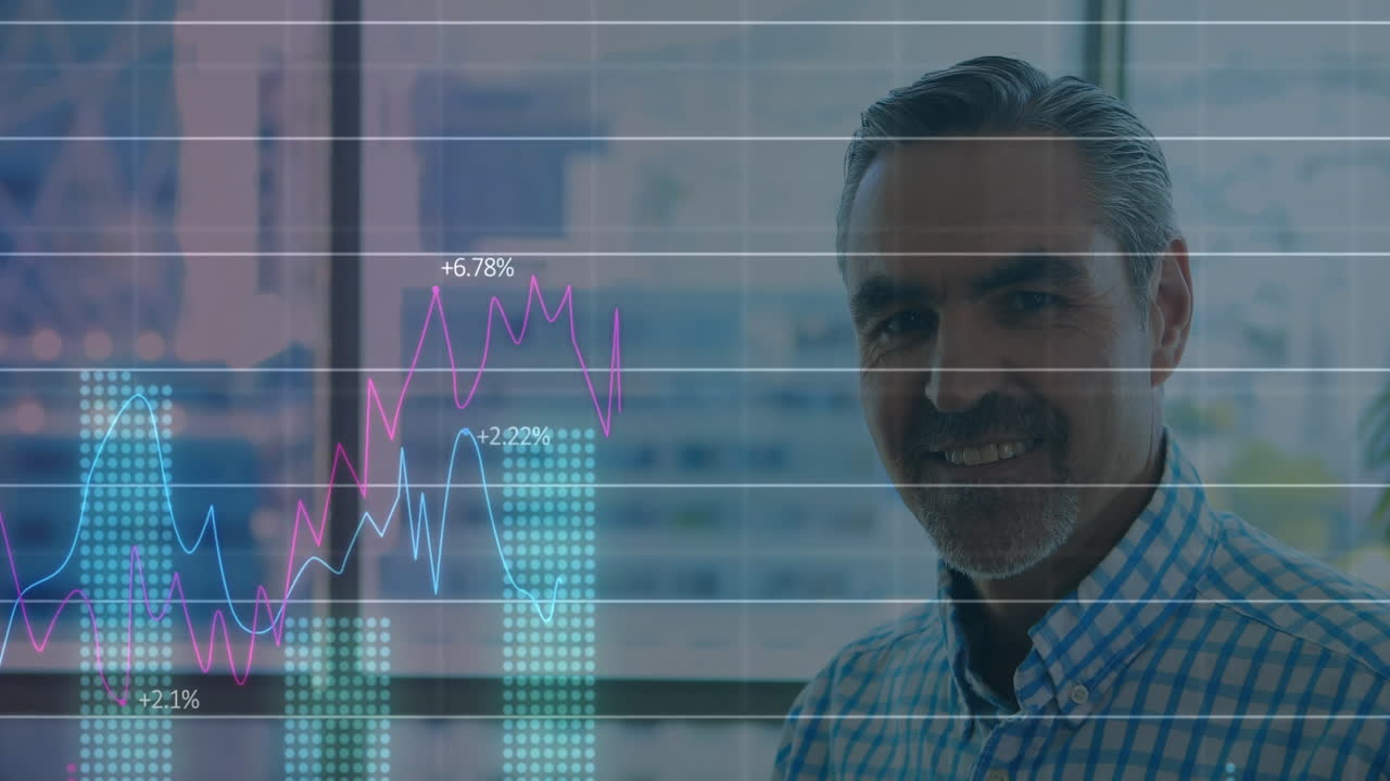 animación del procesamiento de datos financieros sobre el empresario caucásico en el cargo