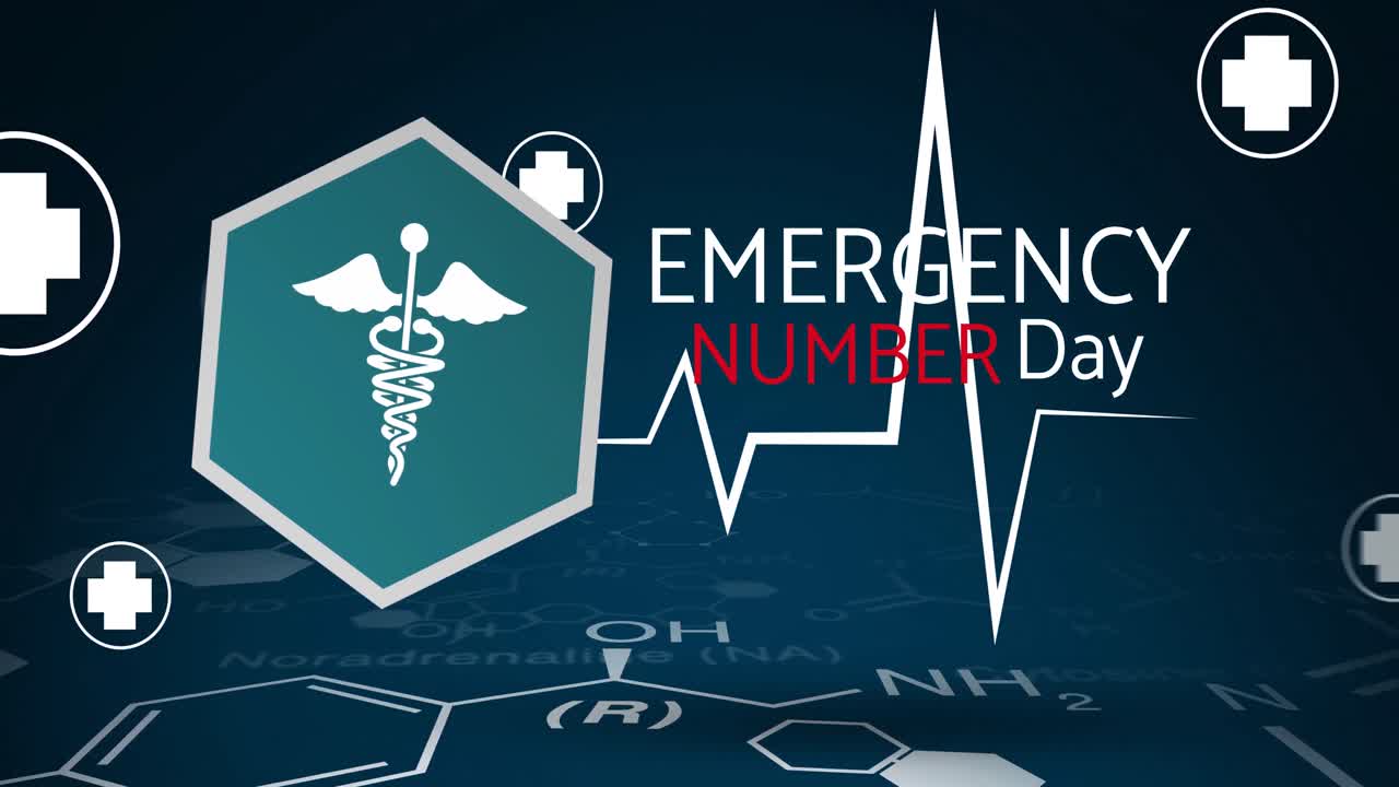 검은색 배경에 의료 아이콘이 있는 응급 번호 날짜 텍스트의 애니메이션