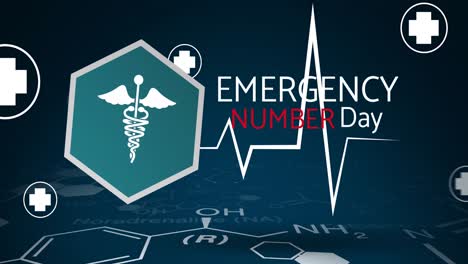 Animation-of-emergency-number-day-text-with-medical-icons-on-black-background