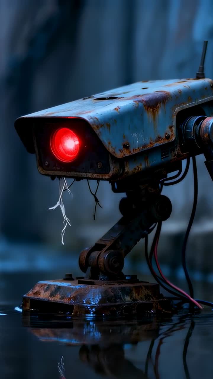 Vertical video: Red lens lighting, rusted camera tilting, scanning flooded ruin with dangling roots