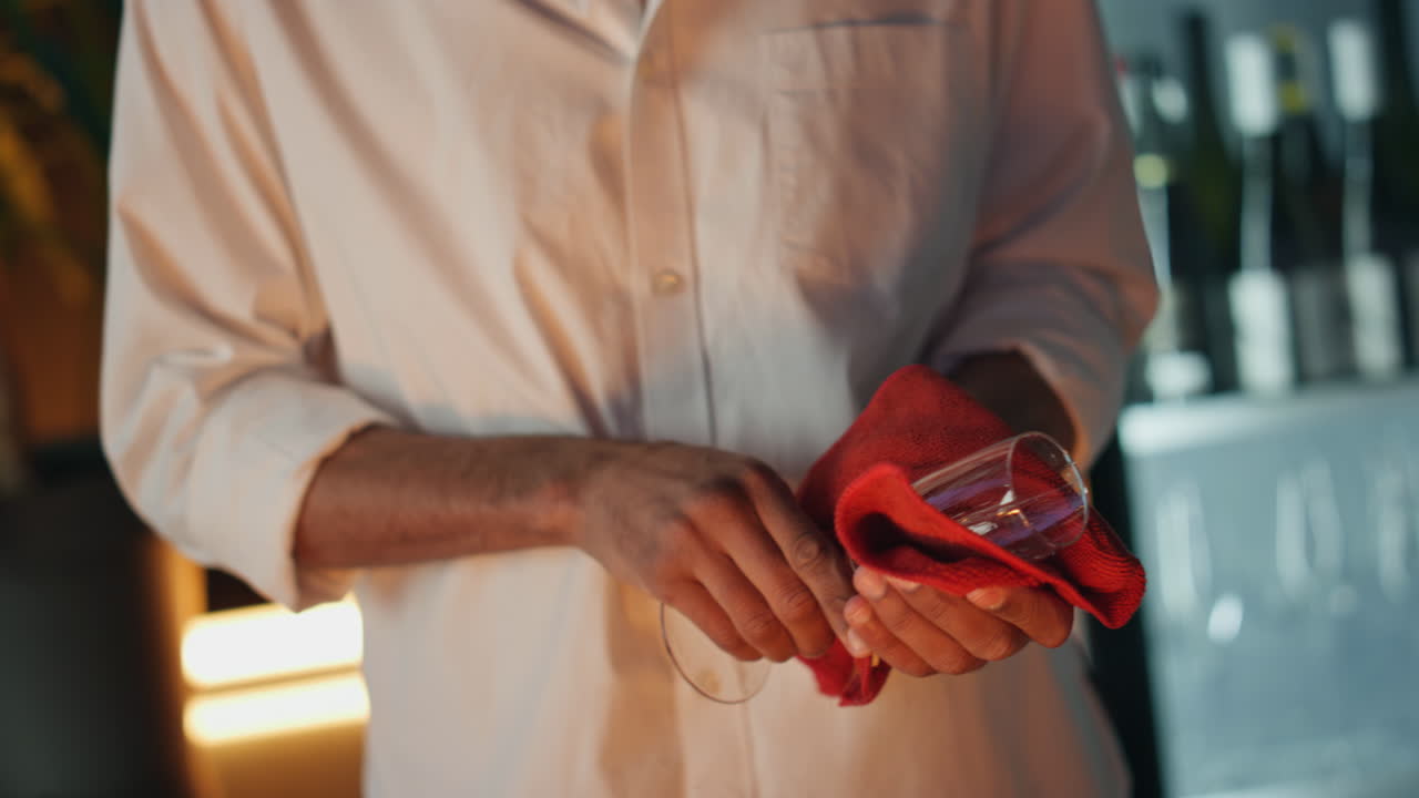 웃는 바리스타가 나이트클럽에서 일하고 있다. 가까이에서. 검은 피부의 남자가 와인 컵을 고 있다.