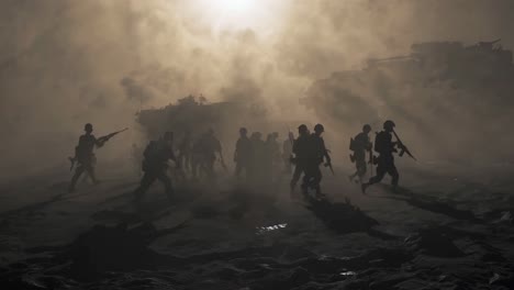 soldiers move strategically through a hazy battlefield as the sun sets, casting dramatic light and shadows. military vehicles loom in the background