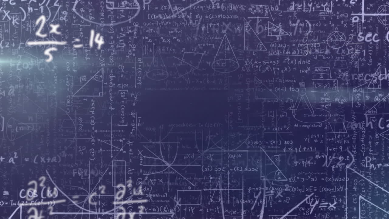 Digital animation of mathematical equations and diagrams floating against blue background