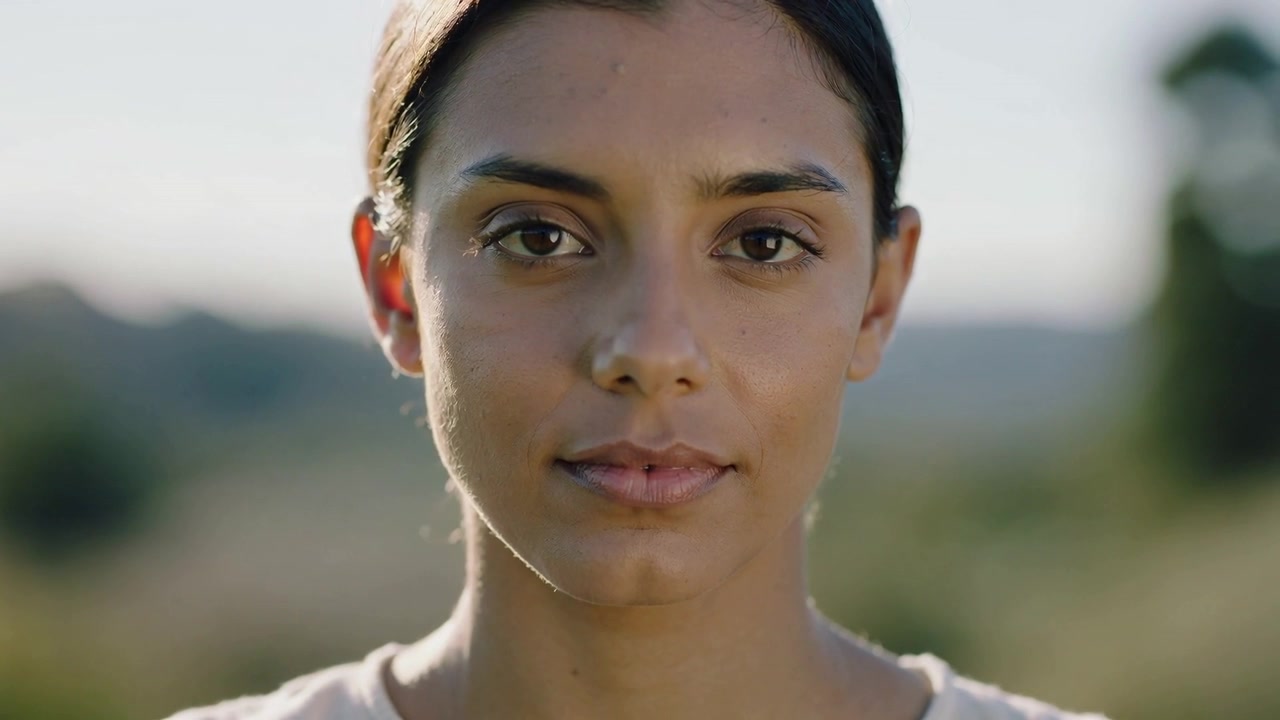 Facing camera, woman in light top holding gaze in field, sunlight causing eye closing then opening