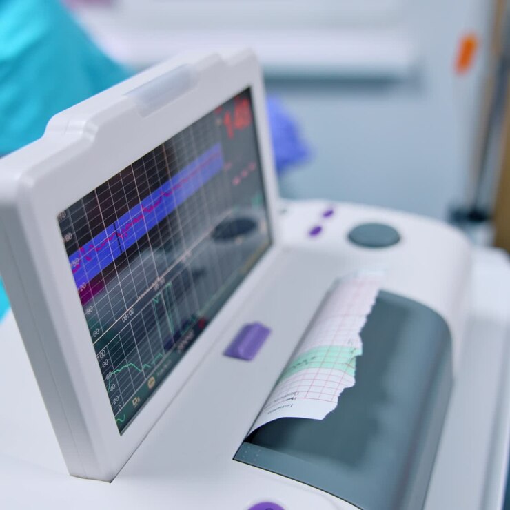 Moderne apparecchiature mediche per elettrocardiogrammi. Apparecchiatura cardiaca per condurre ricerche, ECG ed esami del cuore durante la gravidanza. Primo piano, vista dall'alto