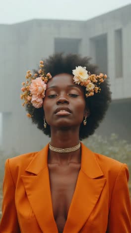 mujer elegante en blazer naranja con cinta floral en la cabeza