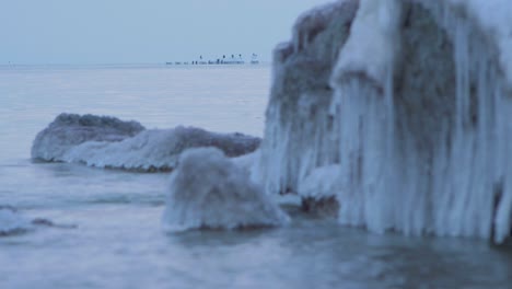 small waves breaking against the ruins of karosta northern forts fortification on the shore of baltic sea on a cloudy winter day, covered with ice, snow and icicles, birds on piles, medium shot