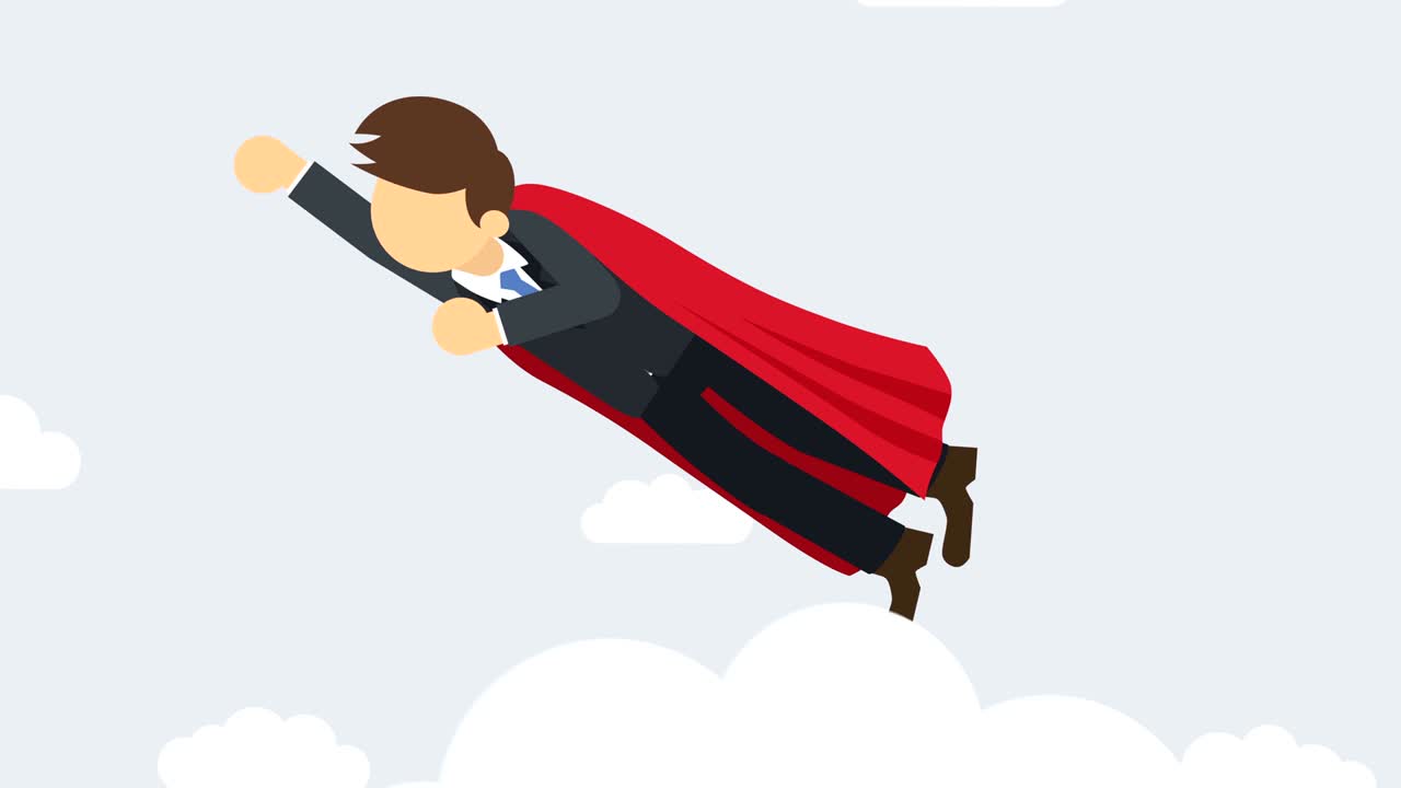 슈퍼 히어로 비즈니스맨이 슈트와 은 케이프를 입고 날아다니며, 리더십과 성취 개념, 평평한 스타일의 루프 일러스트레이션.