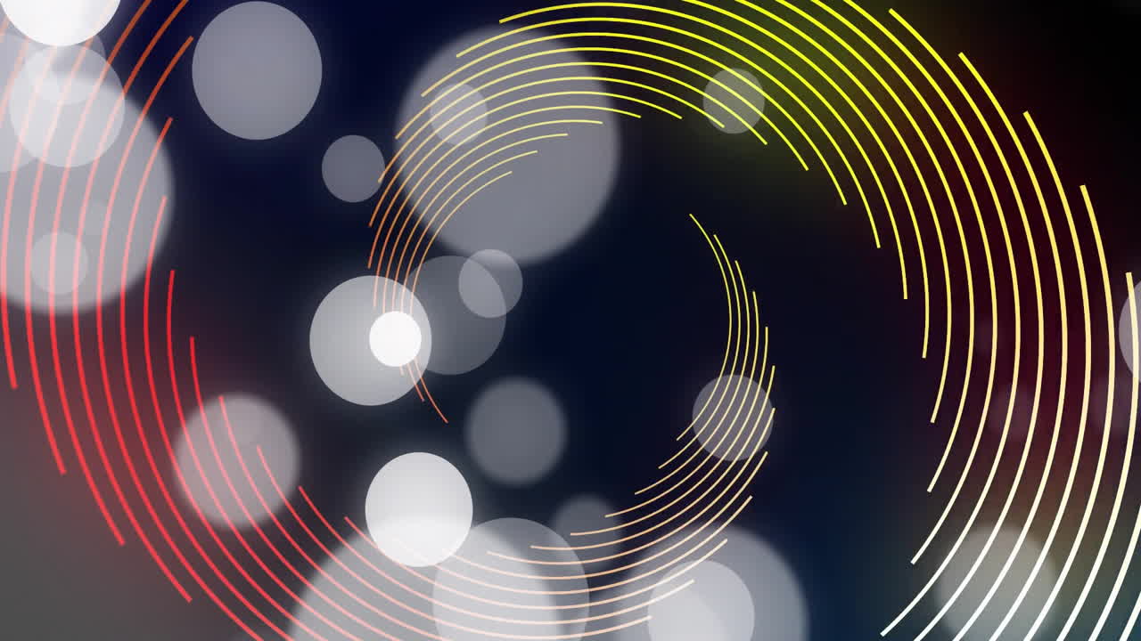 White bokeh circles drifting over dark gradient, revealing red orange yellow concentric line arcs