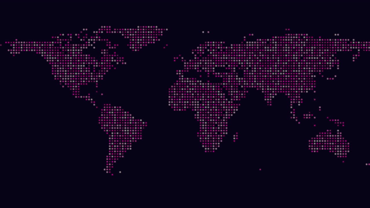 Futuristic world map from neon rainbow dots on black gradient