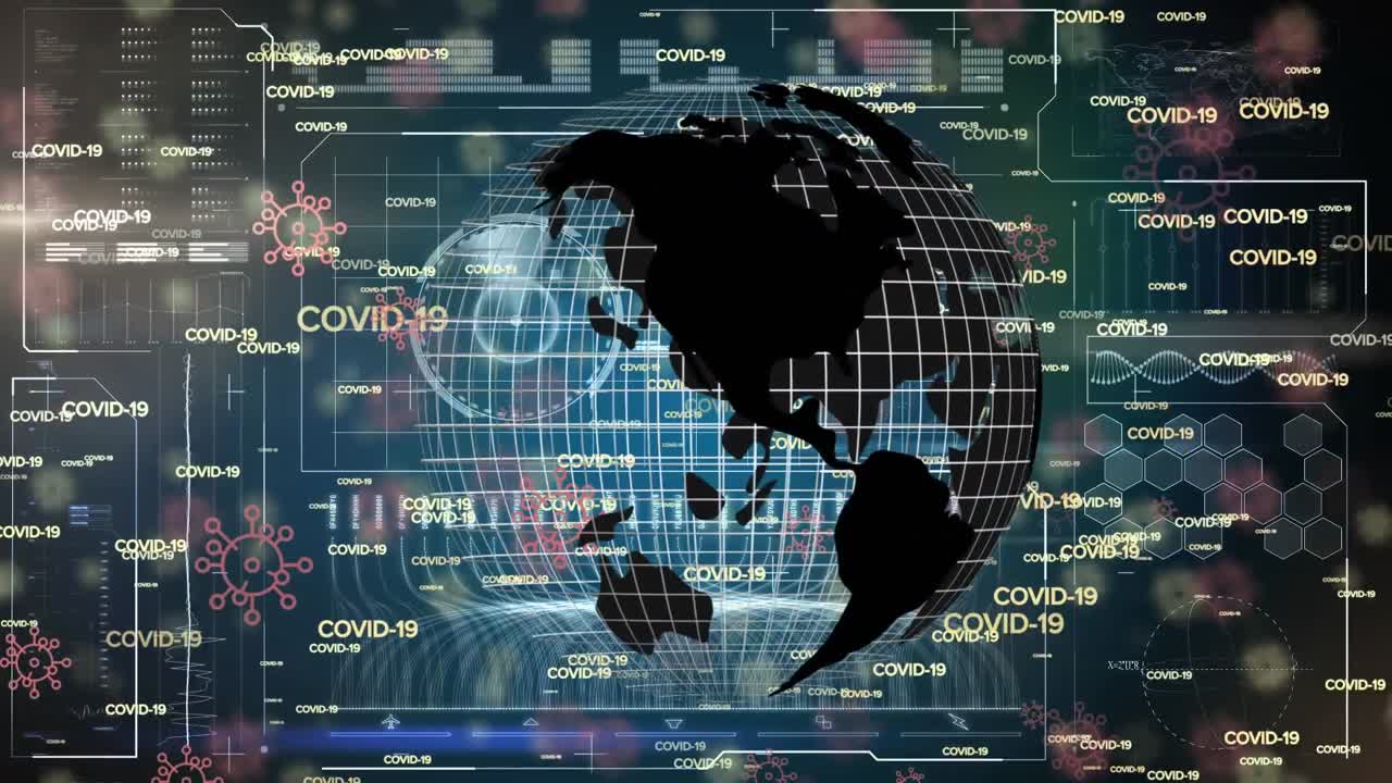 Animation of globe rotating over text covid 19 repeated over data processing