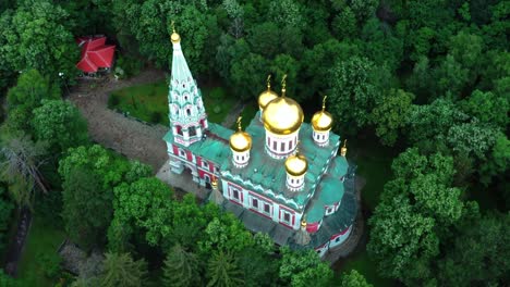 Aerial-view-of-Memorial-Temple-of-the-Birth-of-Christ,-Russian-Style-Church-Cathedral-in-Shipka,-Bulgaria-near-the-soviet-communist-monument-Buzludzha