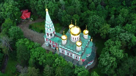 aerial view of memorial temple of the birth of christ, russian style church cathedral in shipka, bulgaria near the soviet communist monument buzludzha