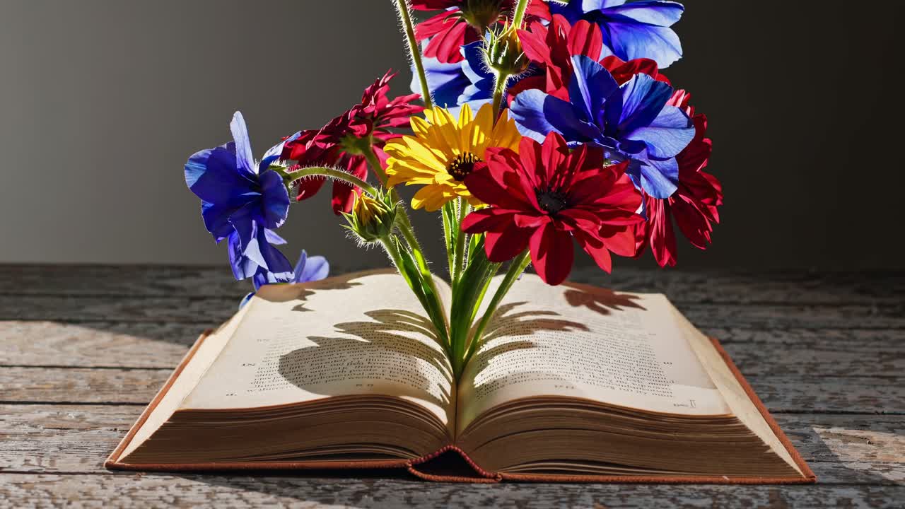 Ein Videobild von bunten Blumen, die aus einem offenen Buch auf einem rustikalen Holztisch wachsen