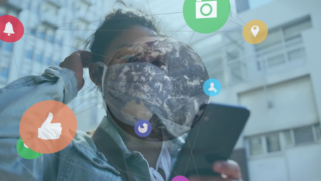 회전하는 지구와 두 인종 여성에 대한 사회적 아이콘과의 연결망의 애니메이션