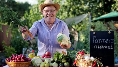 an elderly farmer is selling vegetables on the farm market