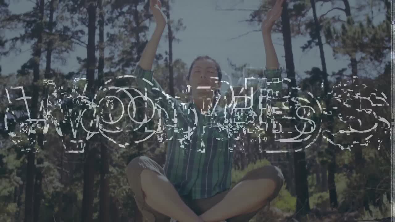 buenas vibraciones texto contra mujer caucásica meditando en el bosque