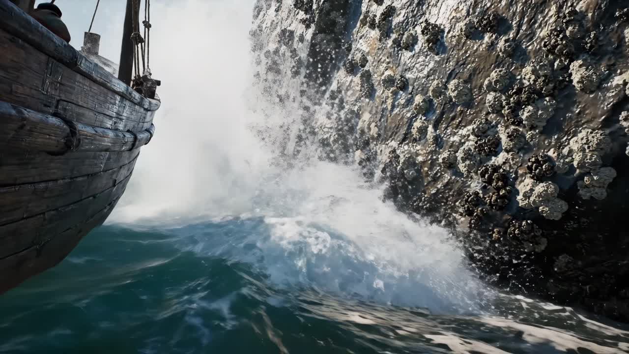 Ship at Sea Near Rocky Shore