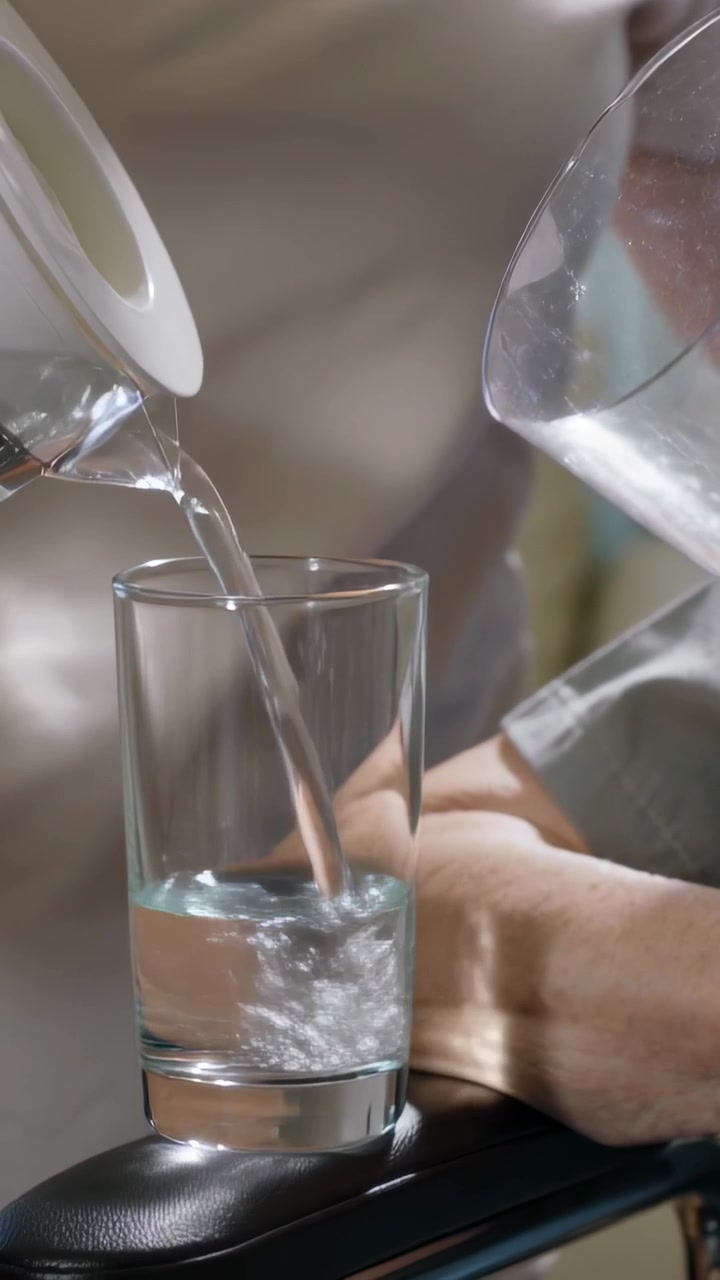 Vertikales Video: Eine Frau im Poloshirt hebt einen Wasserkocher an und stabilisiert eine Kanne, während sie in der Küche ein Glas füllt.