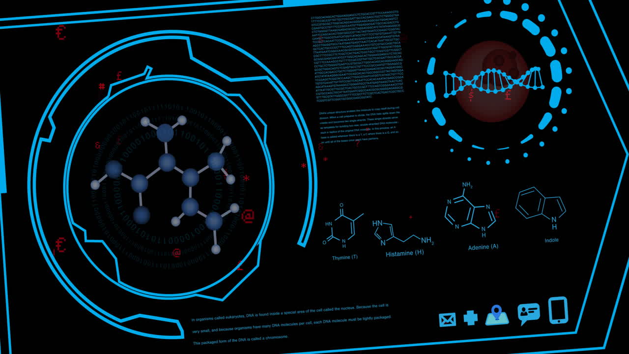 Animation of science data processing and chemical formula over black background