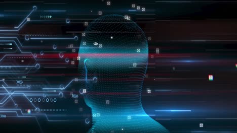 animation of data processing and icons with digital head on black background