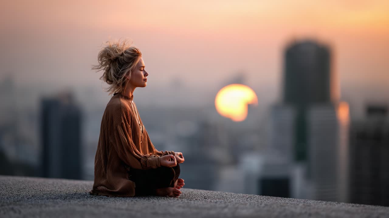 A serene moment of meditation at sunset, capturing a peaceful figure sitting calmly against a breathtaking city skyline, evoking tranquility and introspection