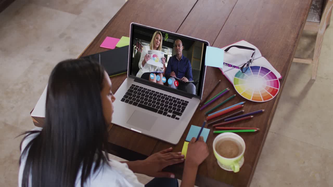 Mujer caucásica utilizando un portátil en una videollamada con colegas y tomando notas, trabajando desde casa.