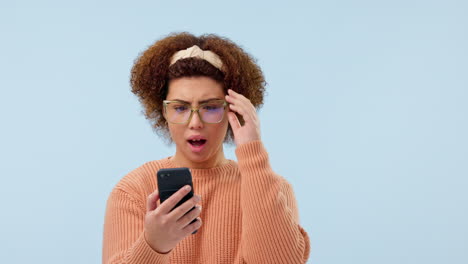 wow, surprise and woman with phone in studio