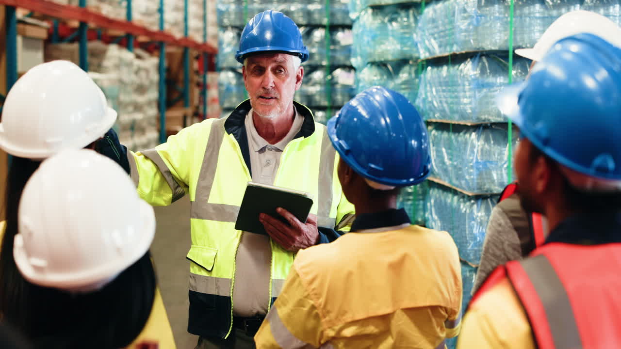 Warehouse Manager Briefing Team of Workers in Hard Hats