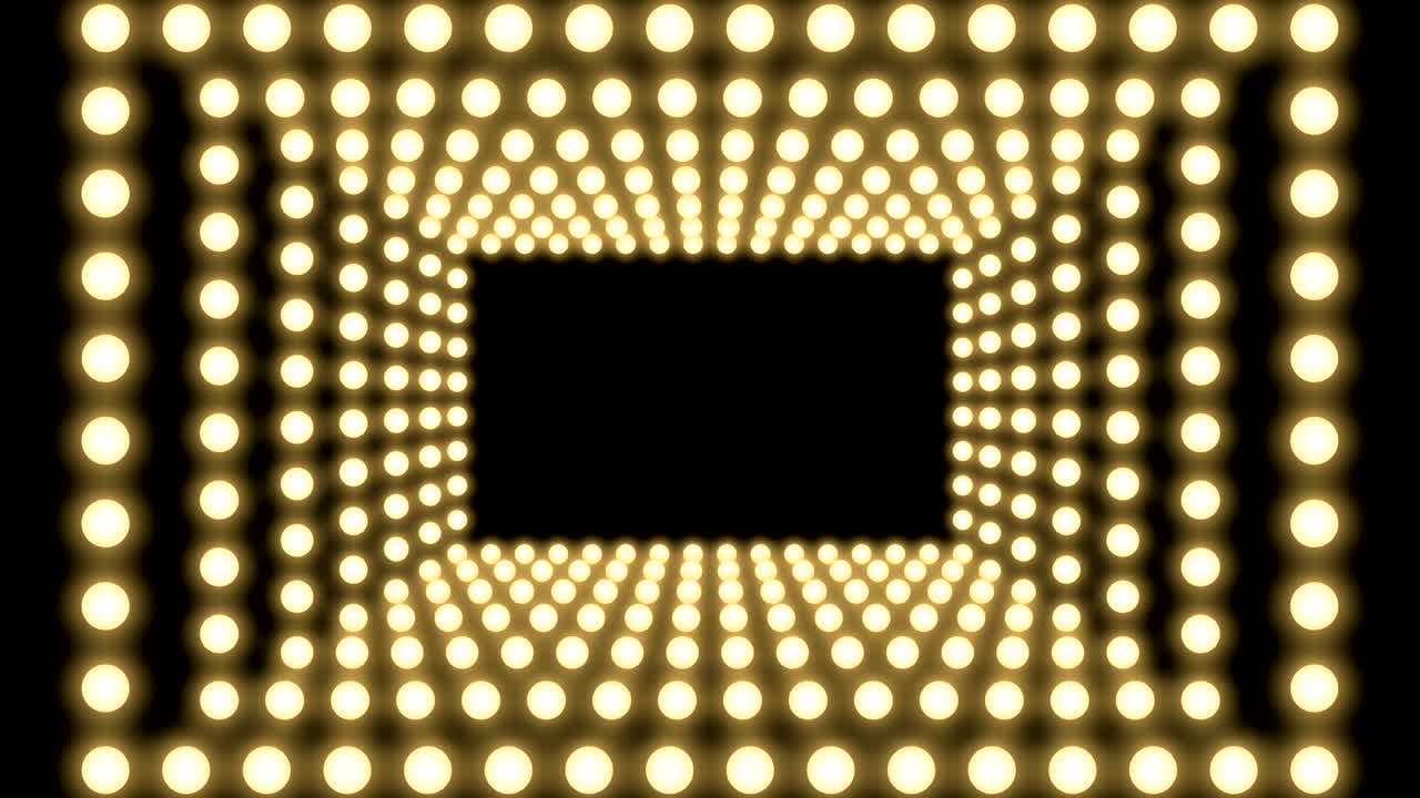 터널 전구 박스 프레임 직사각형 모양 이동 패턴, 레트로 3d 가상 스타일 일러스트레이션 어두운 배경에서 빛나는 원활한 루핑 애니메이션 4k, 복사 공간