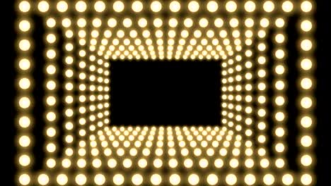 터널 전구 박스 프레임 직사각형 모양 이동 패턴, 레트로 3d 가상 스타일 일러스트레이션 어두운 배경에서 빛나는 원활한 루핑 애니메이션 4k, 복사 공간