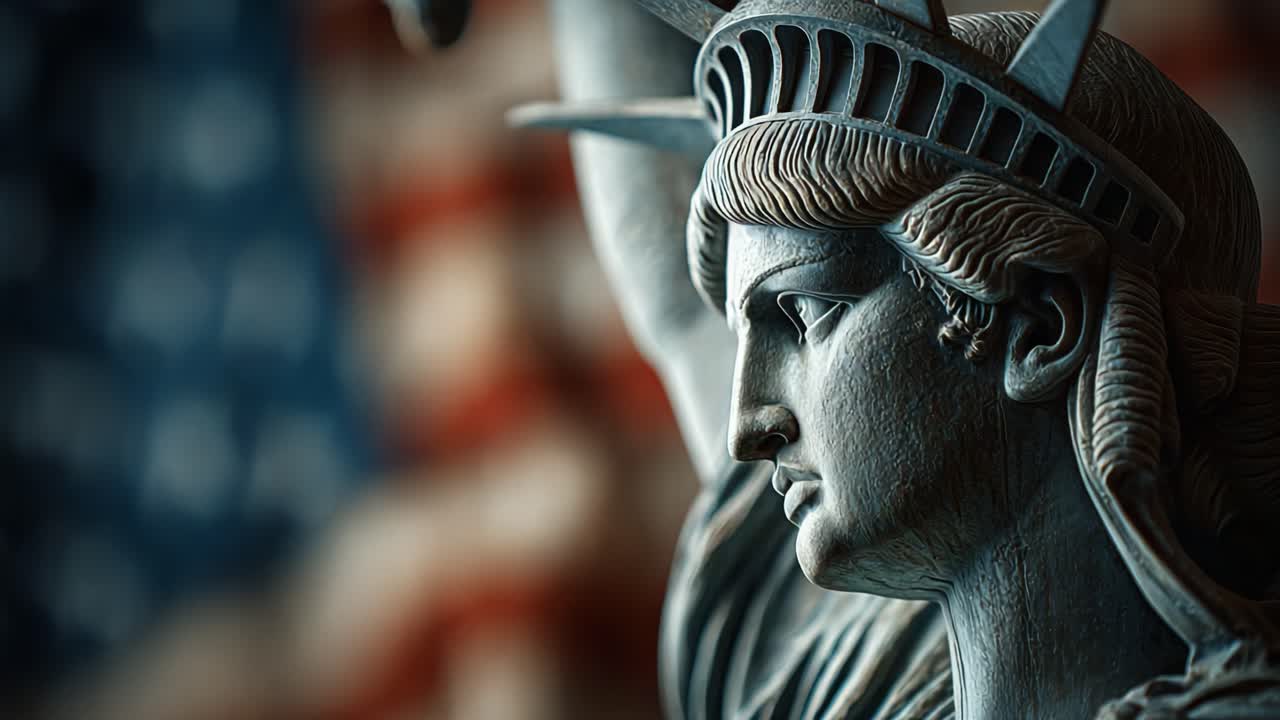 A Close-Up of the Iconic Statue of Liberty Against a Glossy American Flag Background, Capturing the Essence of Freedom and National Identity in a Dramatic Perspective