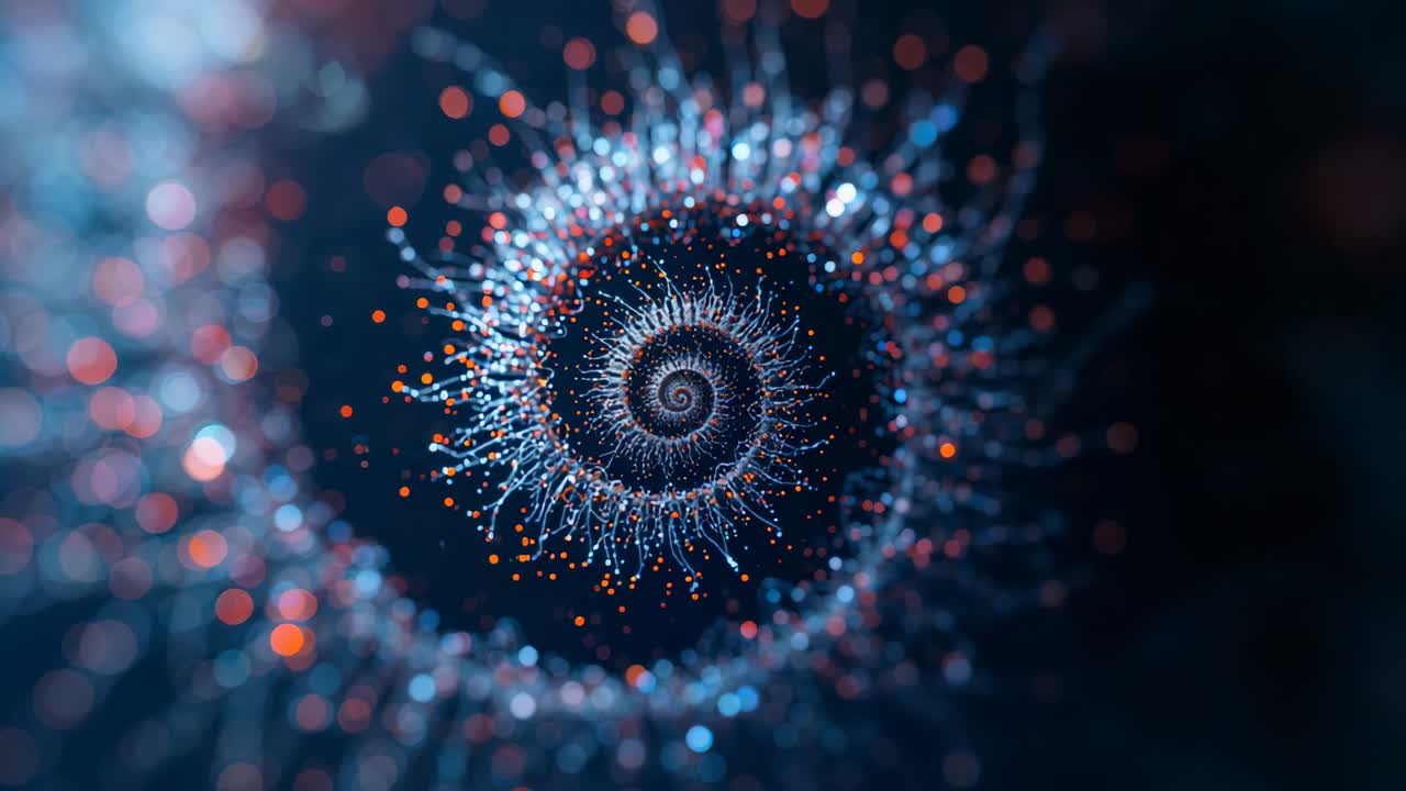 Core illuminating fractal spiral rotating and thickening filaments in dark void, revealing rings