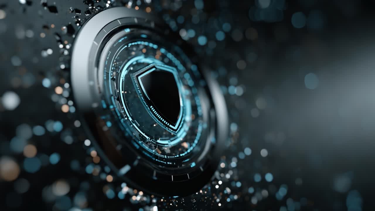 Futuristic Digital Shield: A Stunning Close-Up of a High-Tech Protective Emblem Surrounded by Glittering Particles That Evokes Cybersecurity and Innovation