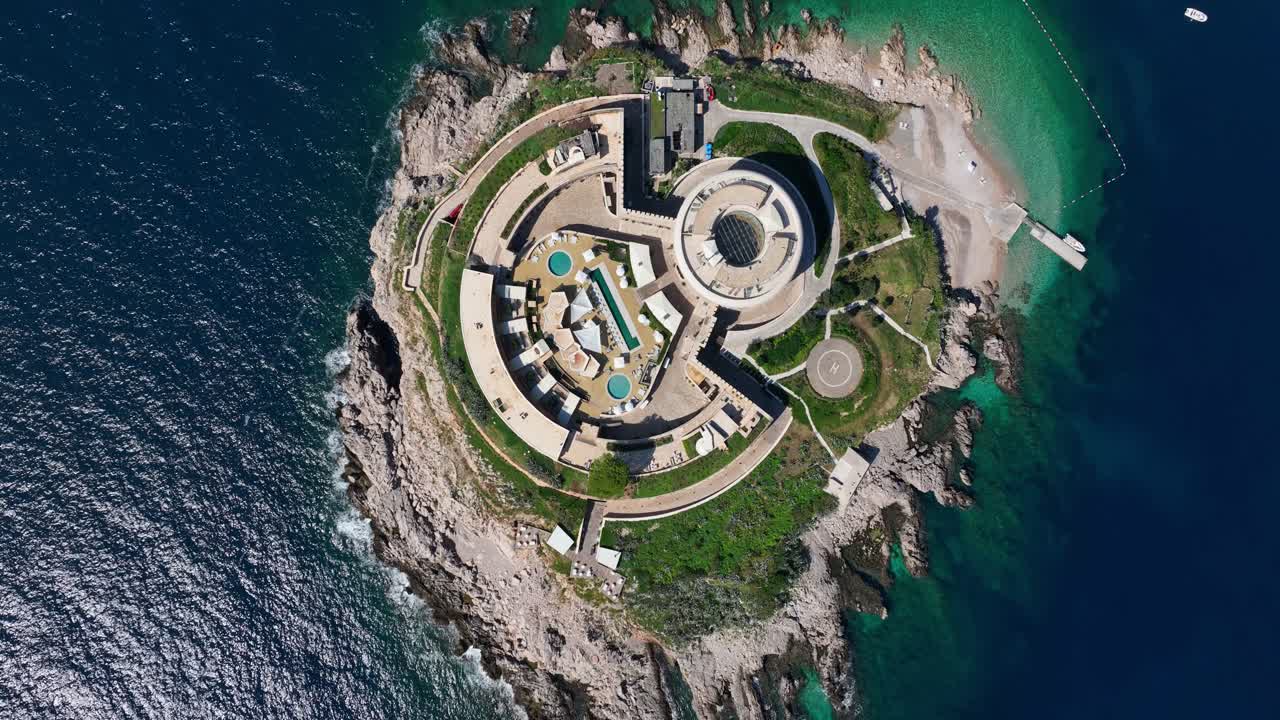 Mamula Island Hotel in the Sea - Vertical Aerial Top Down Dolly In