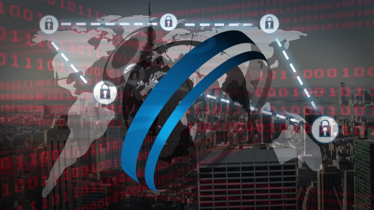 анимация земного шара над обработкой данных и городским пейзажем