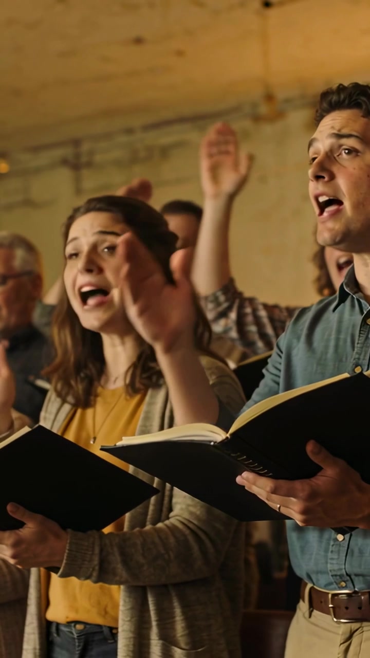 Video verticale: Donna che canta con un top color senape, alza le mani dopo un segnale, tenendo un innario nero in chiesa.