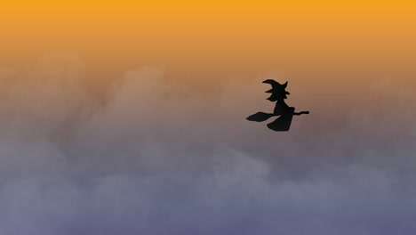 Halloween-Animation,-Schwarze-Hexe-Fliegt-Auf-Besen-über-Nebligen-Farbverlauf-Hintergrund,-Orange-Und-Blau