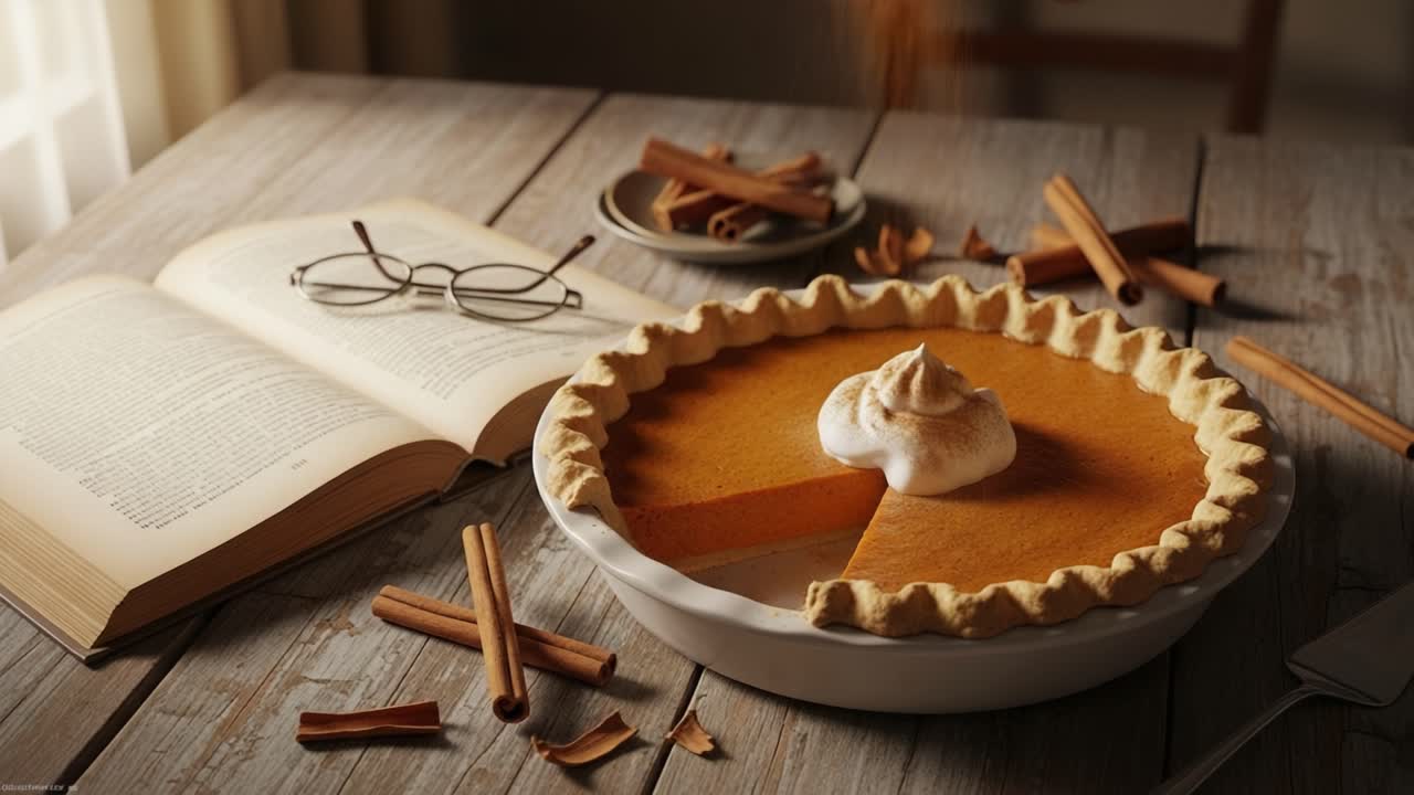 A Cozy Autumn Scene Featuring a Delicious Pumpkin Pie with Whipped Cream and Cinnamon Sticks, Accompanied by an Open Book for a Perfect Evening of Relaxation