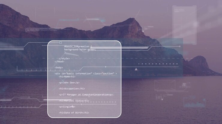 Mountain and sea hosting code panels HUD layers appearing sliding fading returning for UI designers