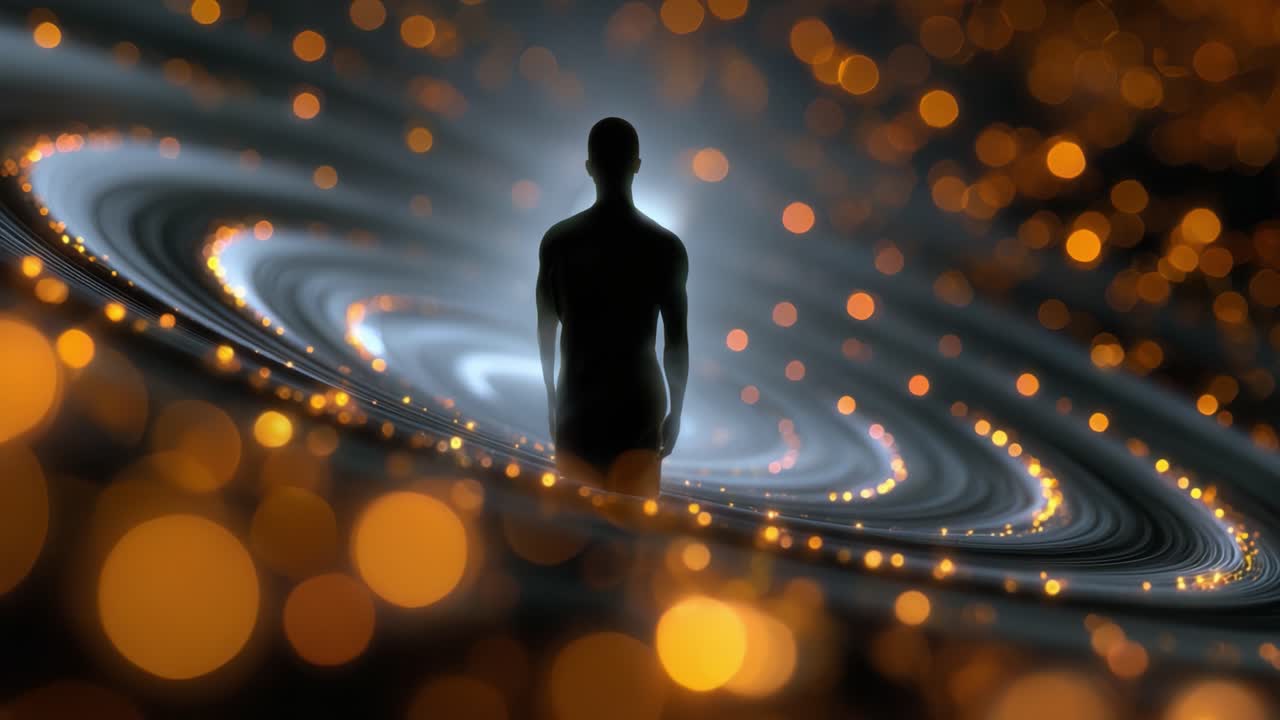 A silhouette of a human figure stands amidst swirling cosmic patterns and glowing orbs, creating a mystical connection between the individual and the universe beyond