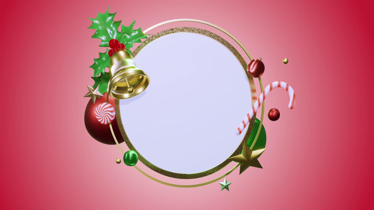 animación de marco circular con espacio de copia y decoración navideña en fondo rojo.