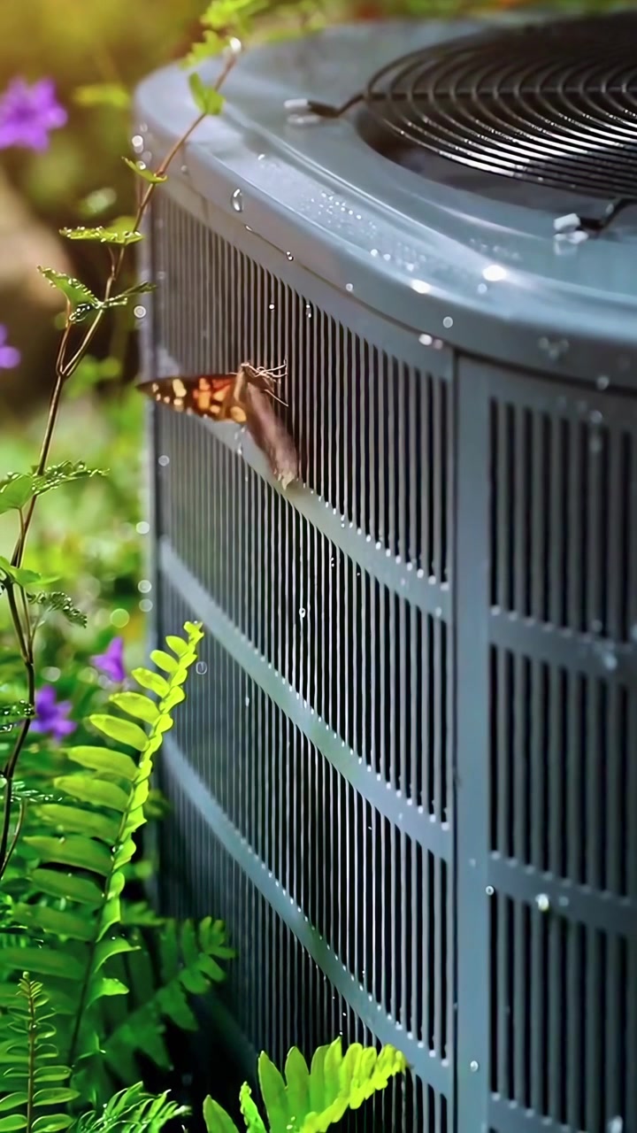 Butterfly Resting on Outdoor Air Conditioner Unit in a Lush Garden