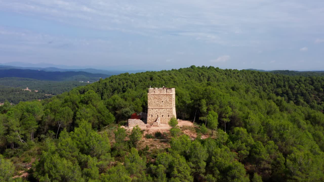 hermosa torre histórica de piedra europea en medio de un denso y hermoso bosque verde rodeado de montañas, antena de drones