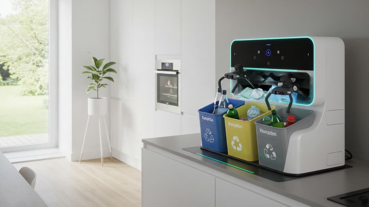 Innovative Recycling Station Enhances Home Sustainability with Smart Technology for Efficient Waste Separation and Management in Modern Kitchen Environment